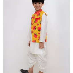 Lil' Drama Knit Full Sleeves Solid Dhoti & Kurta With Floral Printed Jacket Set - White & Mustard image 4