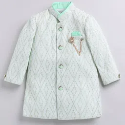 LITTLE COLLARS Jacquard Woven Full Sleeves Abstract Embroidered Achkan With Dhoti & Brooch Set - Green image 4