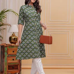 KALINI Floral Printed Mandarin Collar Pure Cotton A-Line Kurta-picture-26
