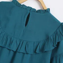 Chuppan Chupai Viscose Rayon Woven Full Peasant Sleeves Frill Detailed Top - Firozi Blue image 5