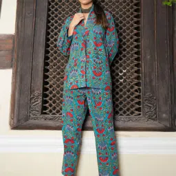 Eeshva India Green Hand Blocked Blazer with Pant In Cotton image 2