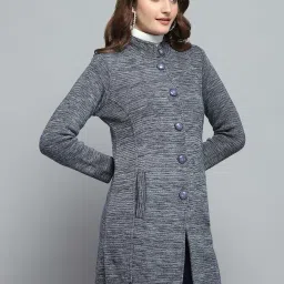 Monte Carlo Women's Grey Self Design Round Neck Full Sleeve Knitted Coat image 2