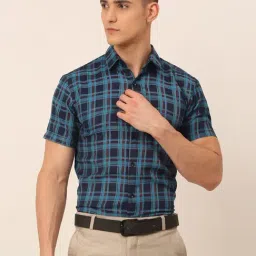 Jainish Blue Cotton Regular Fit Checks Shirt-picture-10