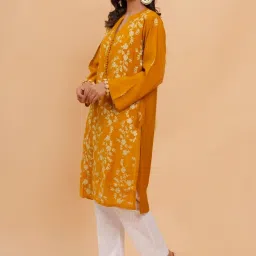 House of Kari Saba Chikankari Mustard Long Kurta In Muslin image 2