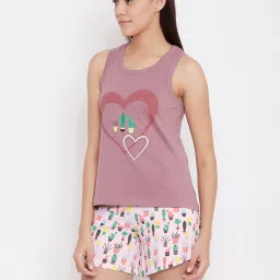 Clovia Purple Printed Top & Shorts Set image 3