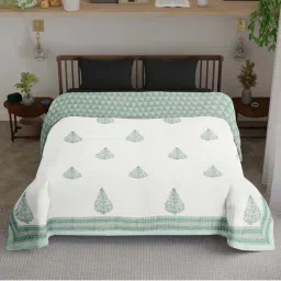 Peepul Tree Quilted Double Bed Cover in Fine Cotton | 300 TC | Reversible Block Printed Quilt image 2
