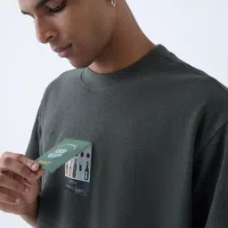 nuon men Nuon by Westside Olive Embroidered Relaxed-Fit Cotton T-Shirt image 4