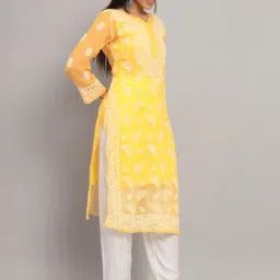 PARAMOUNT CHIKAN Mustard Embroidered Straight Kurta With Slip image 4