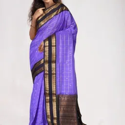 Unnati Silks Blue & Purple Cotton Silk Zari Work Saree With Unstitched Blouse-image-12