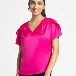 SHAYE Fuchsia V-Neck Short Sleeves Casual Top For Women-image-32