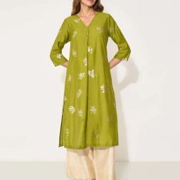 Rangmanch By Pantaloons Apple Green Regular Fit Floral Print Kurta-picture-4