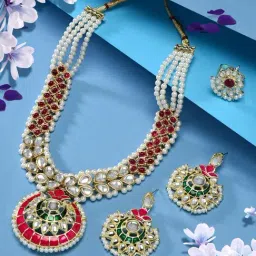 Zaveri Pearls Pink Green Crescent Meenakari Kundan Pearl Beaded Necklace Earring Ring Set-ZPFK16086-picture-45