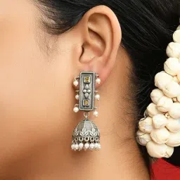 Fida Silver-Plated Geometric Pearl Jhumki Earrings-image-46