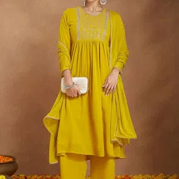 Janasya Ethnic Motifs Yoke Design Pleated Sequinned Georgette Kurta With Palazzo & Dupatta-image-24