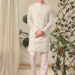 Pro-Ethic STYLE DEVELOPER Mandarin Collar Embroidered Pure Cotton Kurta With Trousers-picture-32