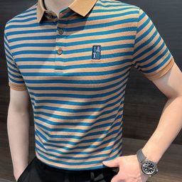 KPOP Men Striped Polo Collar Short Sleeves Embroidered T-shirt-picture-7