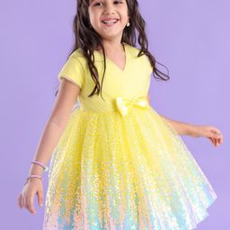 Babyhug Half Sleeves Sequinned Party Frock with Sequin Detailing & Bow Applique - Yellow-picture-36