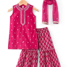Babyhug Woven Sleeveless Floral Embroidered Kurti with Foil Printed Palazzo & Sequenced Dupatta -Fuschia-picture-29