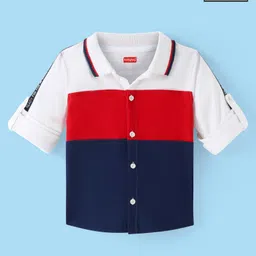 Babyhug Cotton Knit Full Sleeves Rib Collar Solid Colour Block Shirt - White Red & Navy-picture-24