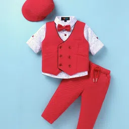 Robo Fry Lycra Knit Full Sleeves Solid Colour 3 Piece Party Suit with Hat & Bow - Red-picture-24