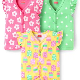Babyhug 100% Cotton Interlock Knit Front Open Sleeveless Vests With Floral Popsicle & Polka Dot Print Pack Of 3 - Yellow Pink & Green-picture-18