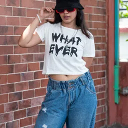 TeenTrums 100% Cotton Half Sleeves What Ever Text Printed Crop Top - White-image-1