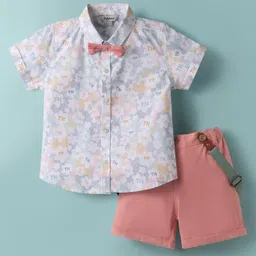 ToffyHouse Poplin Woven Half Sleeves Shirt & Shorts with Suspender & Bow with Floral Print - Pink & White-picture-26