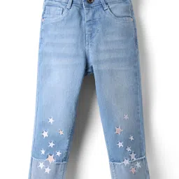 Babyhug Full Length Washed Denim Jeans with Stretch & Star Embroidery - Light Blue-picture-32