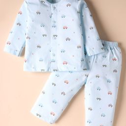 Zero Interlock Knit Full Sleeves Front Open Co-Ord Night Suit With Vehicle Print - Light Blue-picture-27
