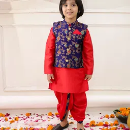 KID1 Brocade Woven Full Sleeves Solid Dhoti Kurta With Floral Foil Printed Jacket Set - Navy Blue & Red-picture-24