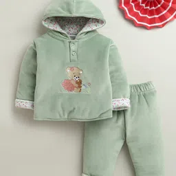 BUMZEE Cotton Blend Knit Full Sleeves Bear Embroidered Hooded Shirt & Pants Set - Green-picture-34