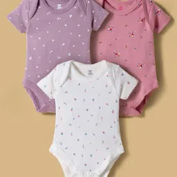 I Bears Interlock Knit Half Sleeves Onesies With Floral Print Pack of 3 - White Pink & Purple-picture-11