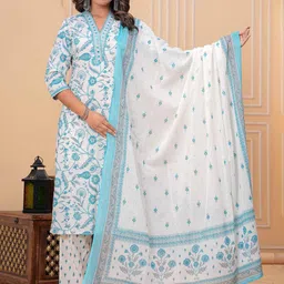VASVI Floral Printed Pure Cotton V-Neck Straight Kurta With Trousers & Dupatta image 1