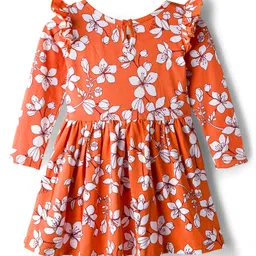 Honeyhap Premium 100% Cotton Knit Full Sleeves Floral Print Frocks with Bio Finish & Bow Applique Pack of 2 - Dark Red & Orange image 3