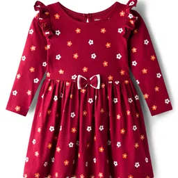 Honeyhap Premium 100% Cotton Knit Full Sleeves Floral Print Frocks with Bio Finish & Bow Applique Pack of 2 - Dark Red & Orange image 4