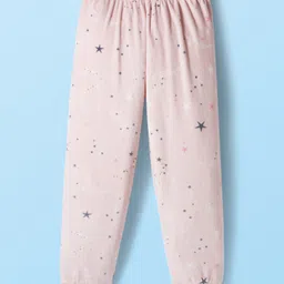 Babyhug Velour Woven Full Sleeves Winter Wear T-Shirt & Lounge Pant Set With Star Print - PInk image 4