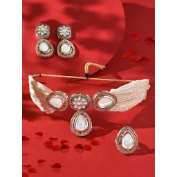 Zaveri Pearls Gold Tone Multistrand Beaded Kundan Choker Necklace Earring & Ring Set-ZPFK16078 image 2