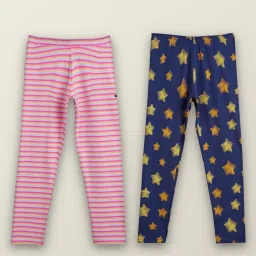XY Life Kids Pink & Navy Cotton Printed Leggings (Pack of 2) image 1