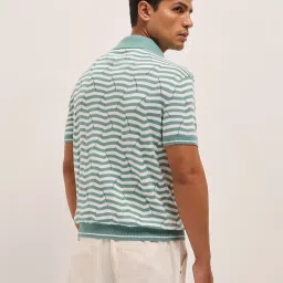 The Bear House Green Cotton Relaxed Fit Self Design Polo T-Shirt image 2