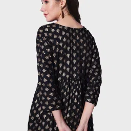 BUYNEWTREND Black Cotton Printed A Line Short Kurti image 2