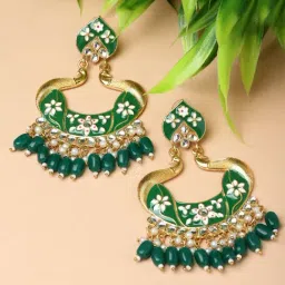 Zeneme Gold Plated Green Enamelled & Green Pearls Chand Bali Earrings-picture-35
