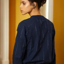 Okhai Drizzle Indigo Blue Pure Cotton Hand Embroidered Jacket image 2