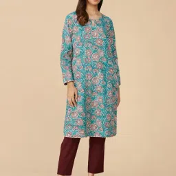 Fabindia Aqua Blue Cotton Floral Print Straight Kurta-image-32