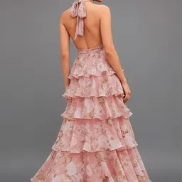 bebe Floral Print Halter Neck Ruffled Chiffon A-Line Maxi Dress image 3