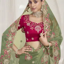 Odette Light Green Organza Embroidered Saree With Unstitched Blouse image 2