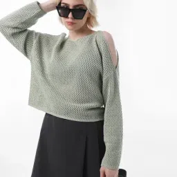 Only Green Cotton Woven Design Pullover image 3