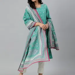 W Green Cotton Printed Dupatta image 3