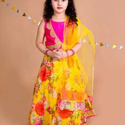 Pspeaches Girls Yellow Cotton Regular Fit Floral Print Lehenga Choli-picture-26