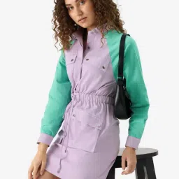 The Souled Store Purple & Green Cotton Color-Block Blouson Dress-image-79