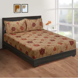 Swayam Zinnia Floral Brown 210 TC Cotton King Bedsheet with 2 Pillow Covers image 2